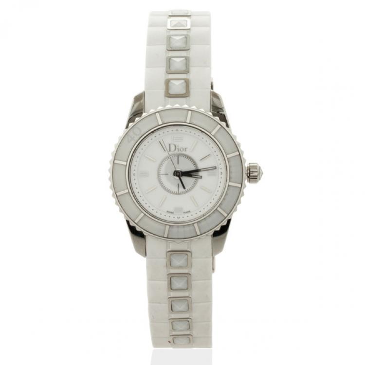 Pre Owned Christian Dior Christal SS Ceramic White Womens Wristwatch 28 MM