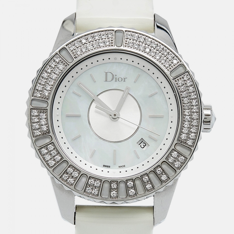 Pre Owned Dior Mother of Pearl Stainless Steel Leather Diamond  Christal  CD11311C Women's Wristwatch 33 mm