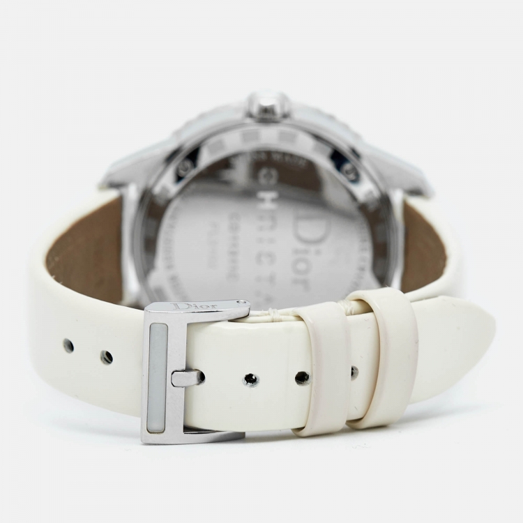 Pre Owned Dior Mother of Pearl Stainless Steel Leather Diamond  Christal  CD11311C Women's Wristwatch 33 mm