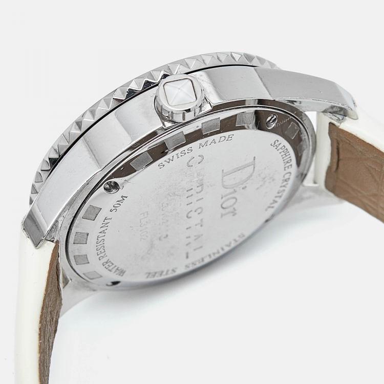 Pre Owned Dior Mother of Pearl Stainless Steel Leather Diamond  Christal  CD11311C Women's Wristwatch 33 mm