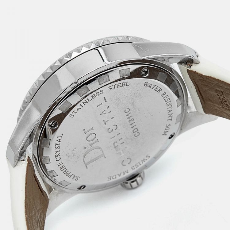 Pre Owned Dior Mother of Pearl Stainless Steel Leather Diamond  Christal  CD11311C Women's Wristwatch 33 mm