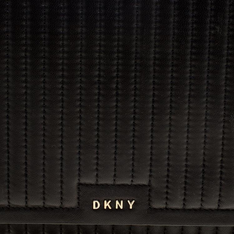 Pre Owned  DKNY Black Pinstripe Quilted Leather Large Gansevoort Flap Shoulder Bag 