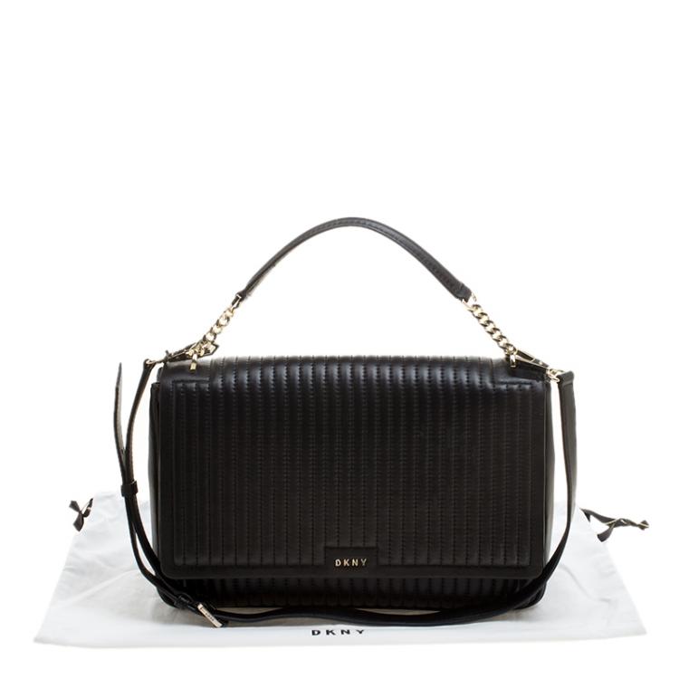Pre Owned  DKNY Black Pinstripe Quilted Leather Large Gansevoort Flap Shoulder Bag 