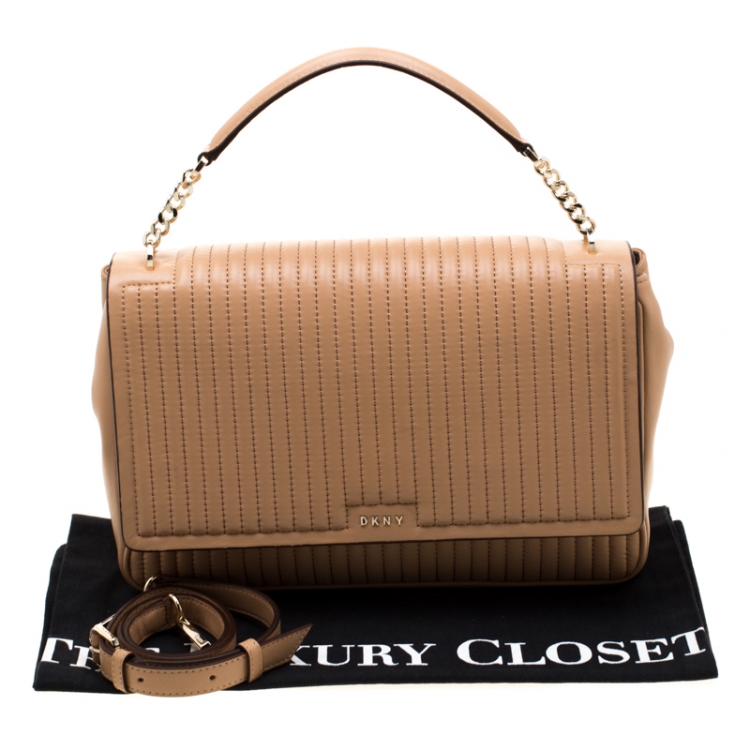 Pre Owned  DKNY Beige Pinstripe Quilted Leather Large Gansevoort Flap Shoulder Bag 