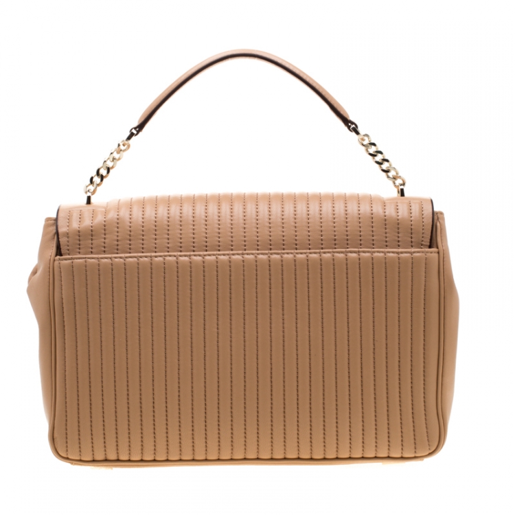 Pre Owned  DKNY Beige Pinstripe Quilted Leather Large Gansevoort Flap Shoulder Bag 
