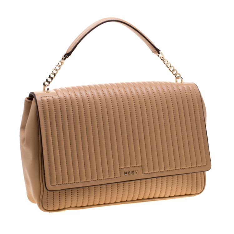 Pre Owned  DKNY Beige Pinstripe Quilted Leather Large Gansevoort Flap Shoulder Bag 