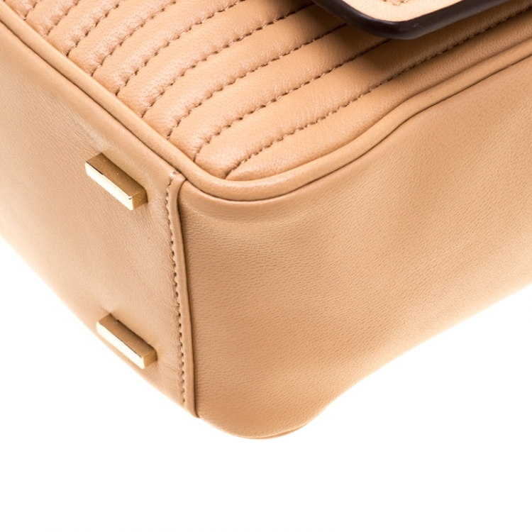Pre Owned  DKNY Beige Pinstripe Quilted Leather Large Gansevoort Flap Shoulder Bag 