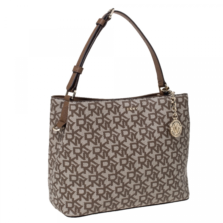 Pre Owned Dkny Brown/Beige Signature Coated Canvas and Leather Bryant Bucket Bag
