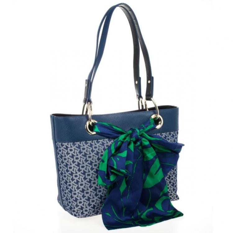 Pre Owned DKNY Printed Navy Monogram Scarf Tote Bag