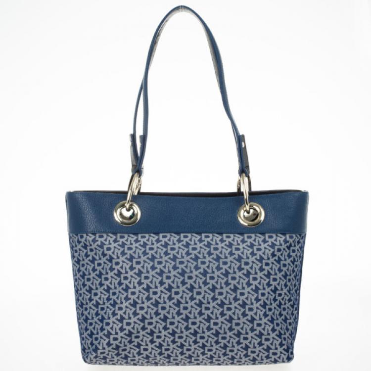 Pre Owned DKNY Printed Navy Monogram Scarf Tote Bag