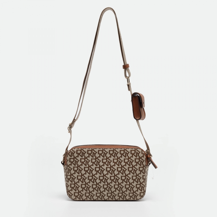Pre Owned DKNY Beige/Brown Signature Coated Canvas Camera Shoulder Bag