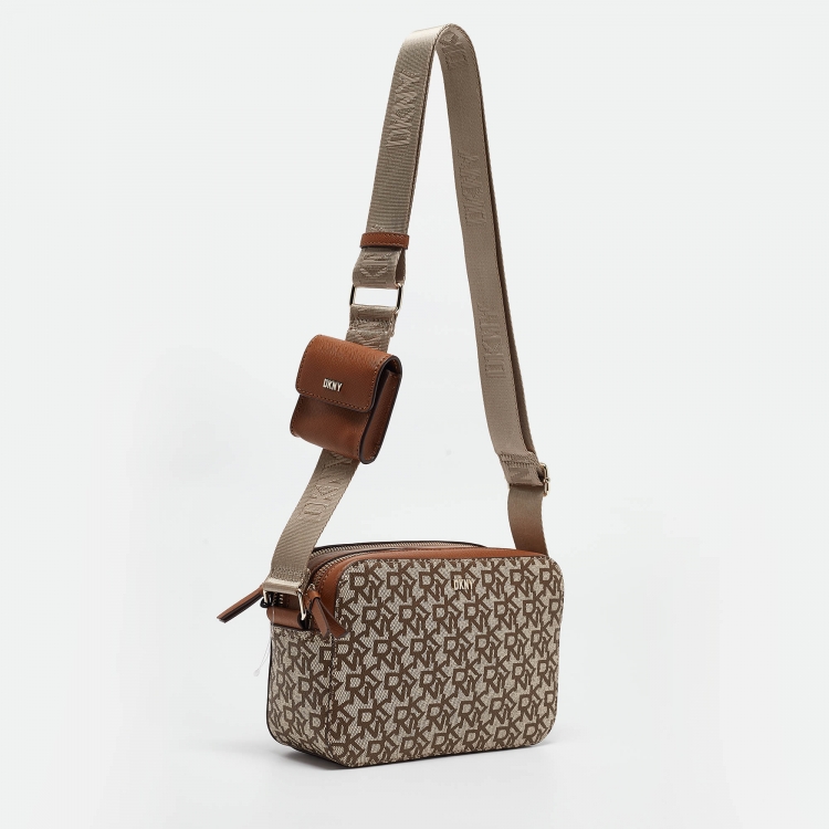 Pre Owned DKNY Beige/Brown Signature Coated Canvas Camera Shoulder Bag