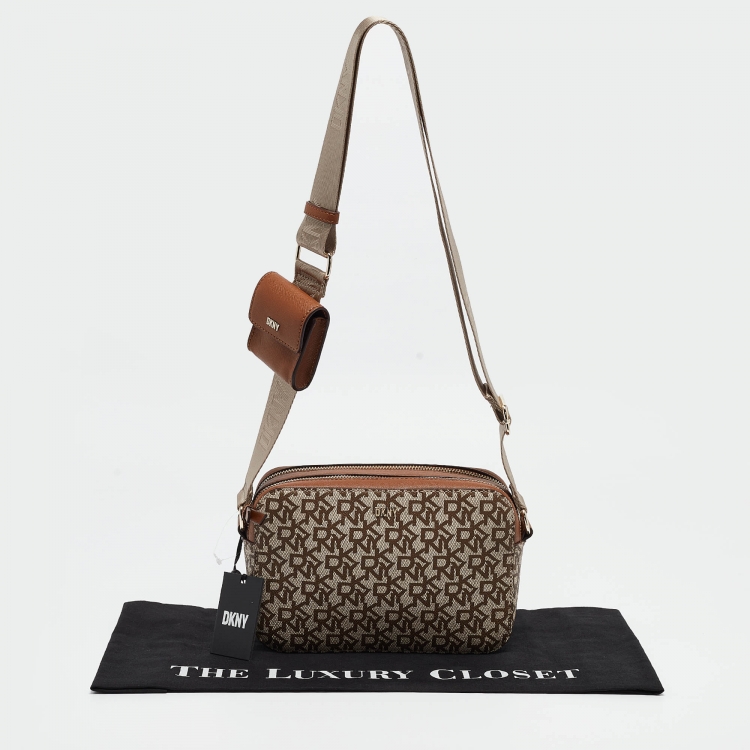 Pre Owned DKNY Beige/Brown Signature Coated Canvas Camera Shoulder Bag