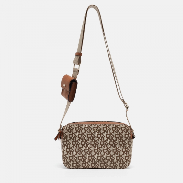 Pre Owned DKNY Beige/Brown Signature Coated Canvas Camera Shoulder Bag