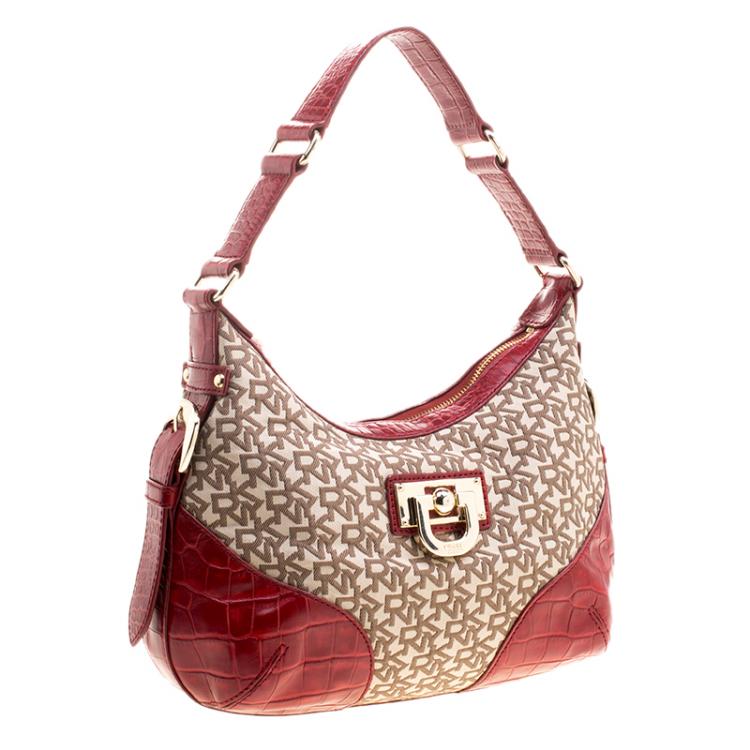 مملوكة مسبقًا DKNY Beige and Red Signature Canvas and Crocodile Embossed Leather Hobo