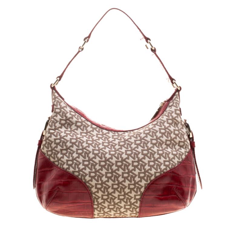 مملوكة مسبقًا DKNY Beige and Red Signature Canvas and Crocodile Embossed Leather Hobo