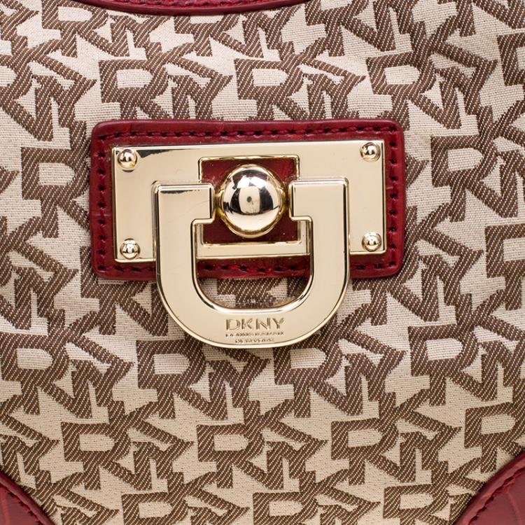 مملوكة مسبقًا DKNY Beige and Red Signature Canvas and Crocodile Embossed Leather Hobo