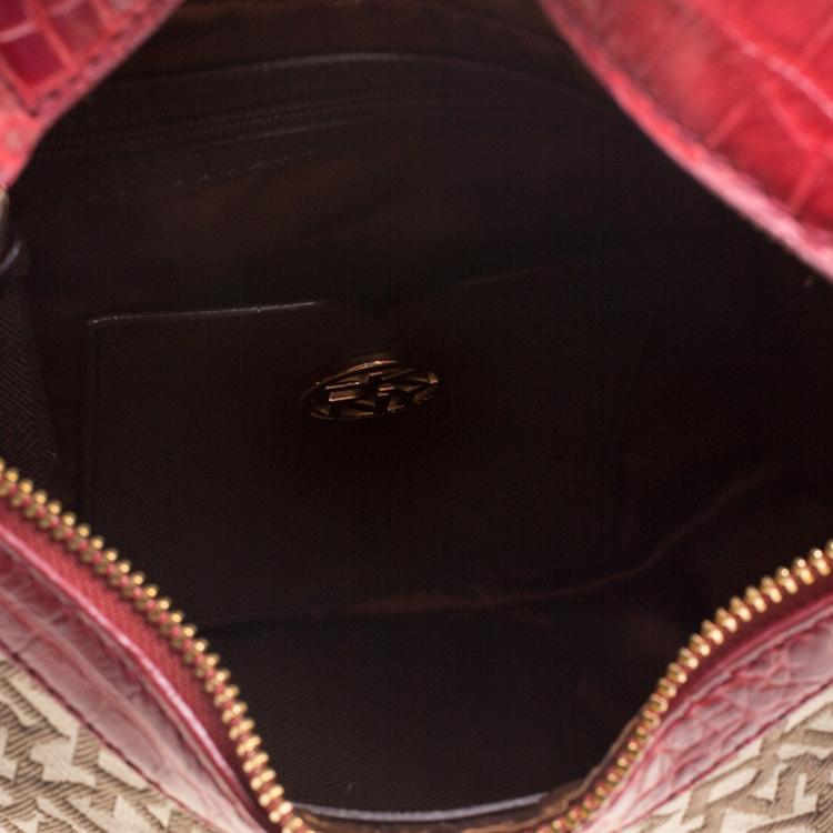 مملوكة مسبقًا DKNY Beige and Red Signature Canvas and Crocodile Embossed Leather Hobo
