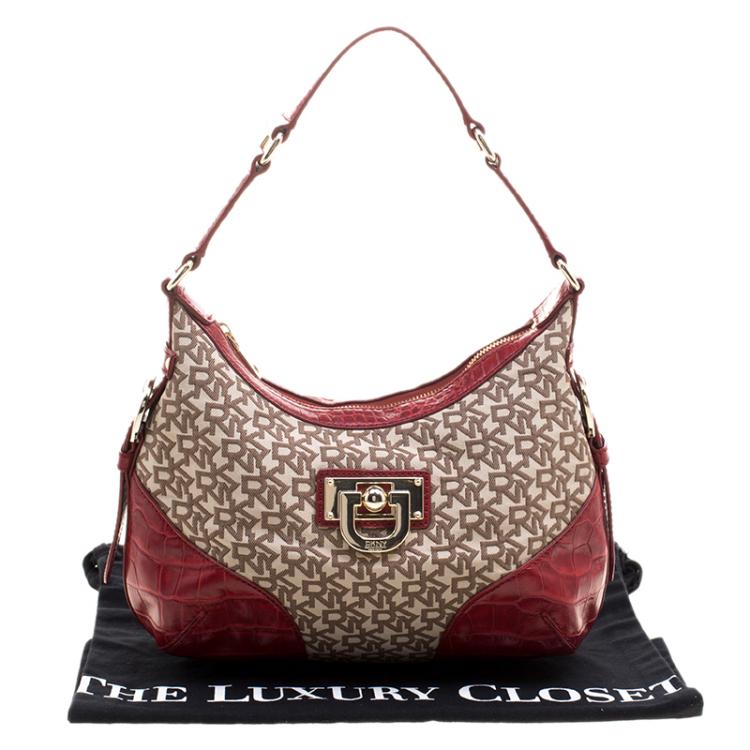 مملوكة مسبقًا DKNY Beige and Red Signature Canvas and Crocodile Embossed Leather Hobo