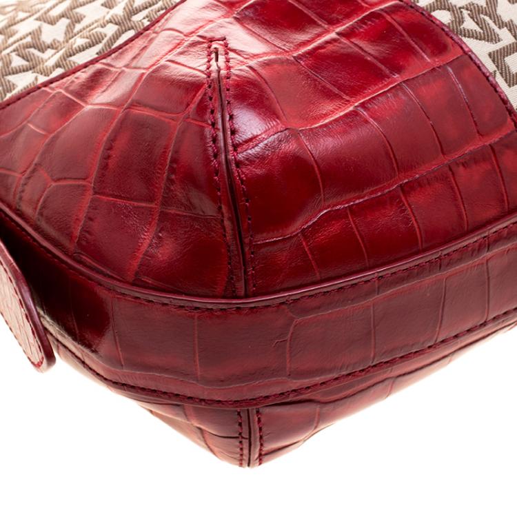 مملوكة �مسبقًا DKNY Beige and Red Signature Canvas and Crocodile Embossed Leather Hobo
