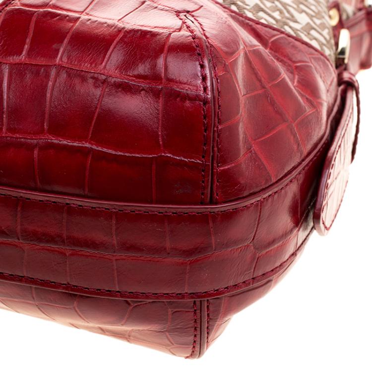 مملوكة مسبقًا DKNY Beige and Red Signature Canvas and Crocodile Embossed Leather Hobo