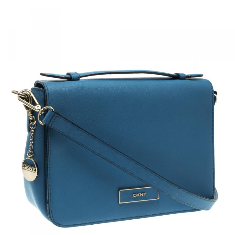 Pre Owned DKNY Blue Saffiano Leather Flap Shoulder Bag
