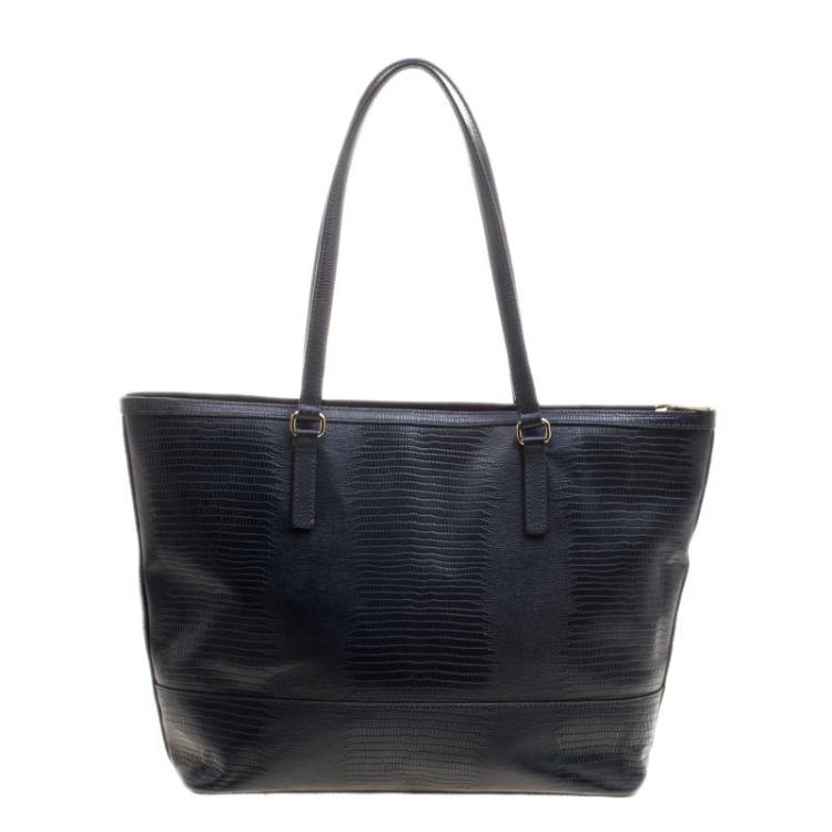 Pre Owned DKNY Navy Blue Lizard Embossed Leather Studded Zip Tote with Wallet