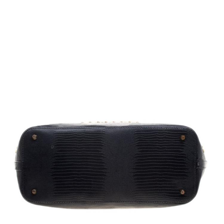 Pre Owned DKNY Navy Blue Lizard Embossed Leather Studded Zip Tote with Wallet