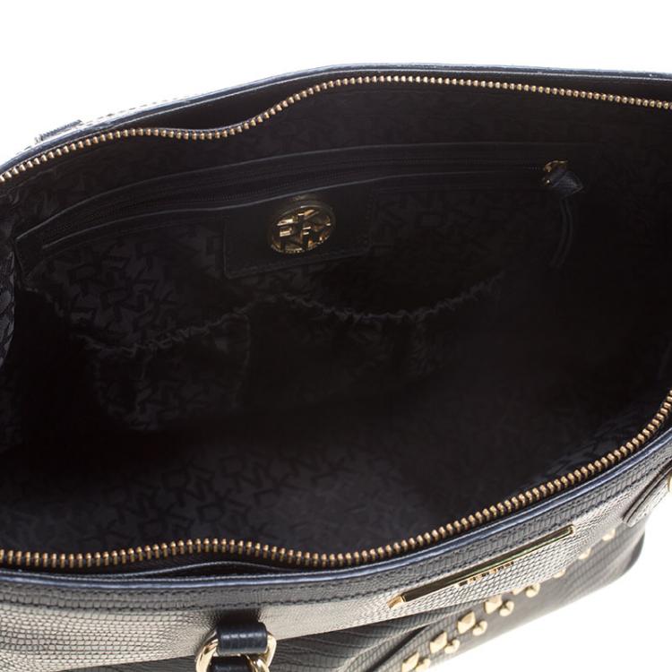 Pre Owned DKNY Navy Blue Lizard Embossed Leather Studded Zip Tote with Wallet