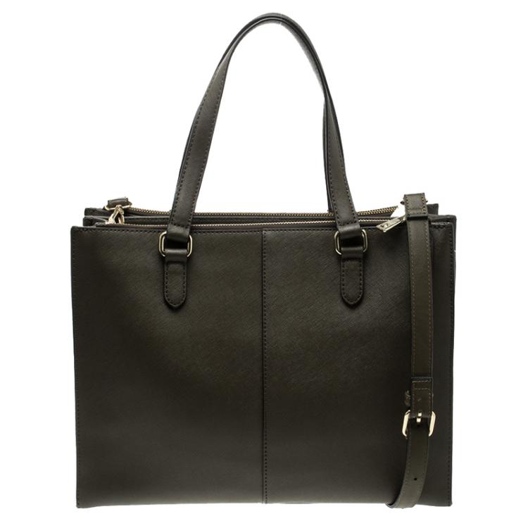 Pre Owned DKNY Khaki Leather Double Zip Convertible Tote