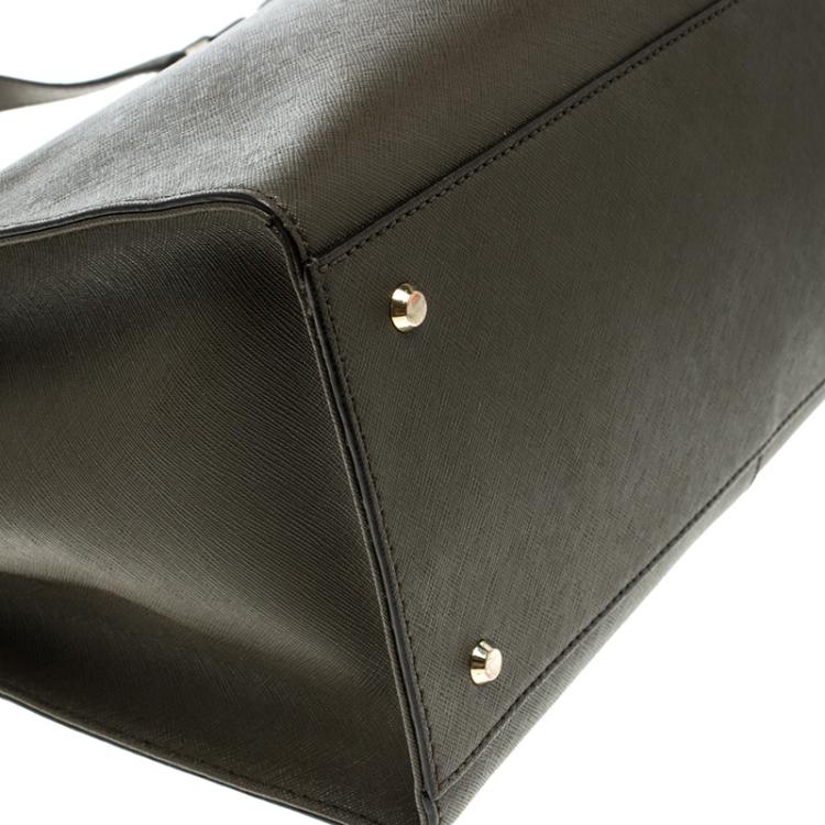 Pre Owned DKNY Khaki Leather Double Zip Convertible Tote