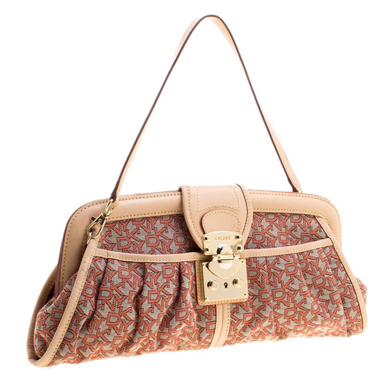 Pre Owned DKNY Red/Grey Monogram Canvas and Leather Trim Shoulder Bag