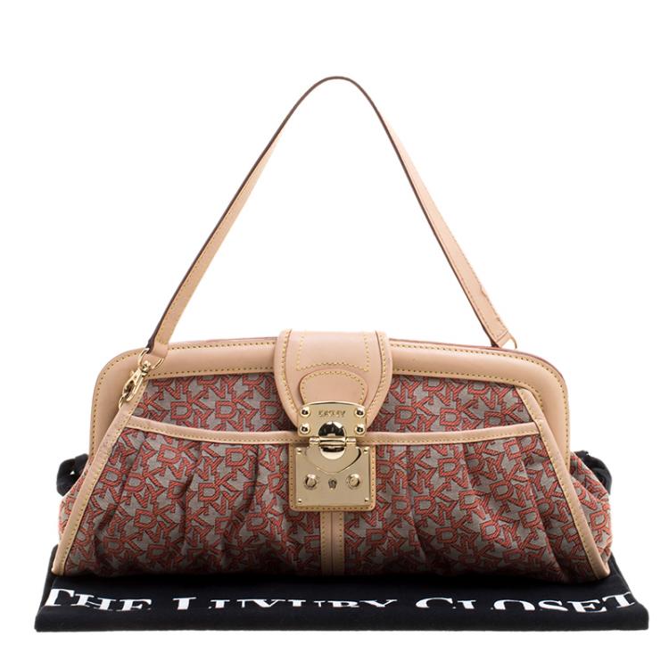 Pre Owned DKNY Red/Grey Monogram Canvas and Leather Trim Shoulder Bag