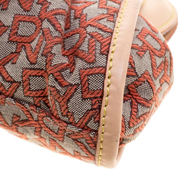 Pre Owned DKNY Red/Grey Monogram Canvas and Leather Trim Shoulder Bag
