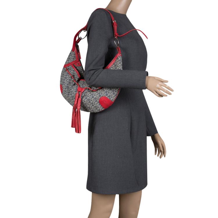 Pre Owned Dkny Red/Grey Monogram Canvas Tassel Hobo