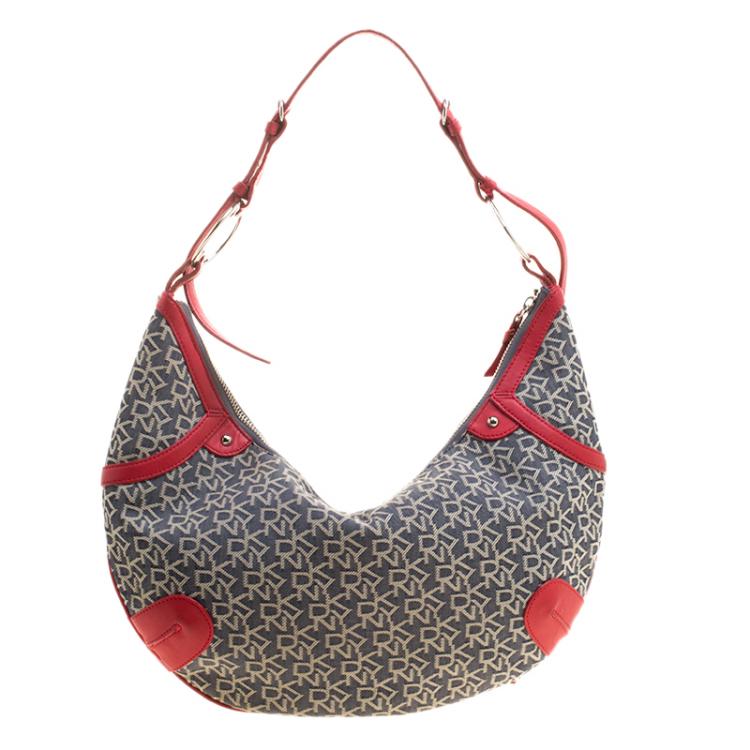Pre Owned Dkny Red/Grey Monogram Canvas Tassel Hobo