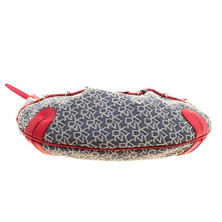 Pre Owned Dkny Red/Grey Monogram Canvas Tassel Hobo