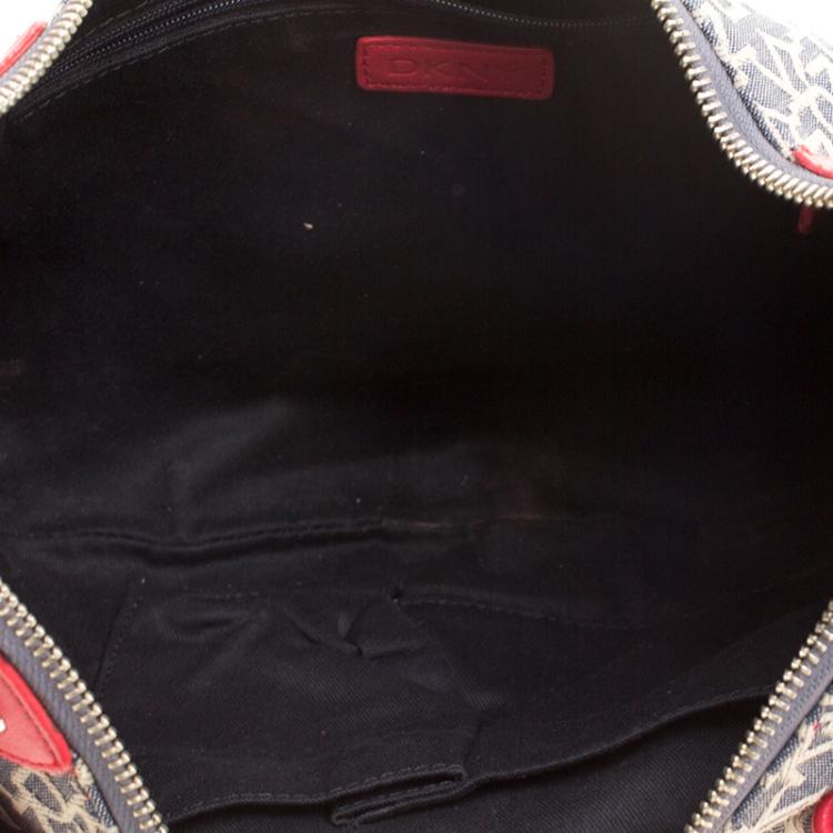 Pre Owned Dkny Red/Grey Monogram Canvas Tassel Hobo