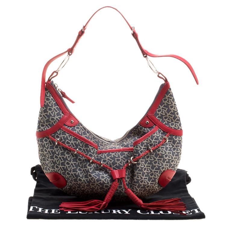 Pre Owned Dkny Red/Grey Monogram Canvas Tassel Hobo