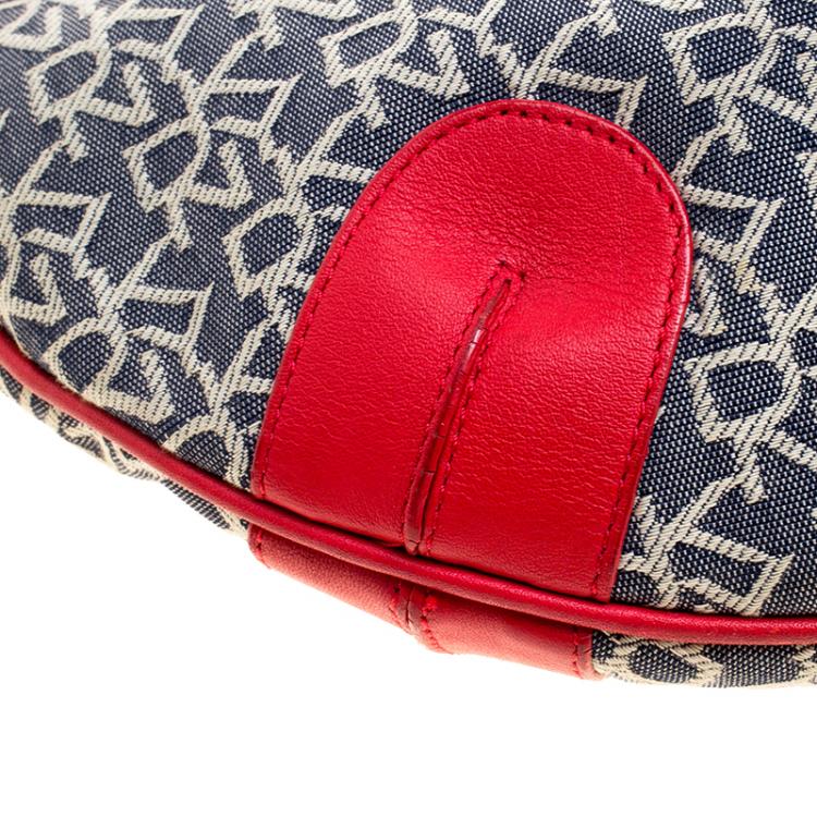 Pre Owned Dkny Red/Grey Monogram Canvas Tassel Hobo