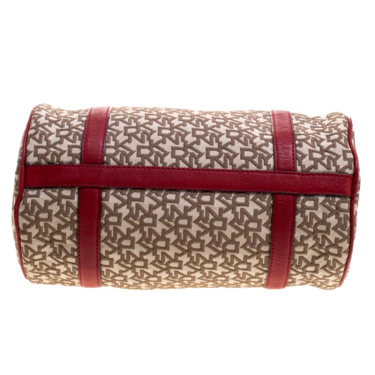 Pre Owned DKNY Beige/Red Canvas and Leather Satchel