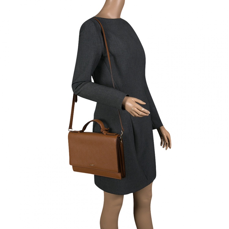 Pre Owned DKNY Light Brown Saffiano Leather Top Handle Flap Shoulder Bag