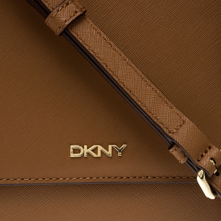 Pre Owned DKNY Light Brown Saffiano Leather Top Handle Flap Shoulder Bag