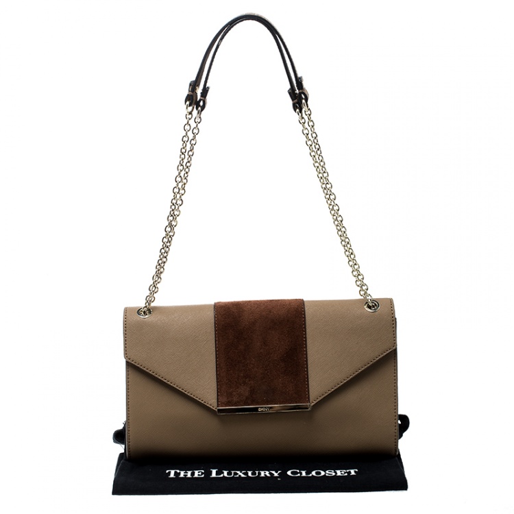 Pre Owned DKNY Dark Beige/Brown Leather Flap Shoulder Bag