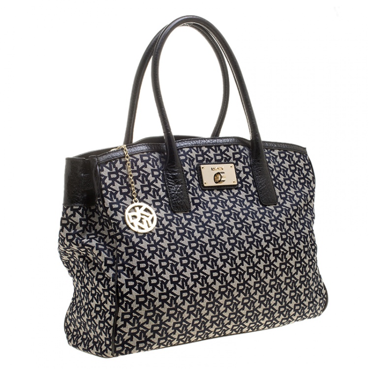 Pre Owned DKNY Grey/Black Signature Canvas and Leather Tote