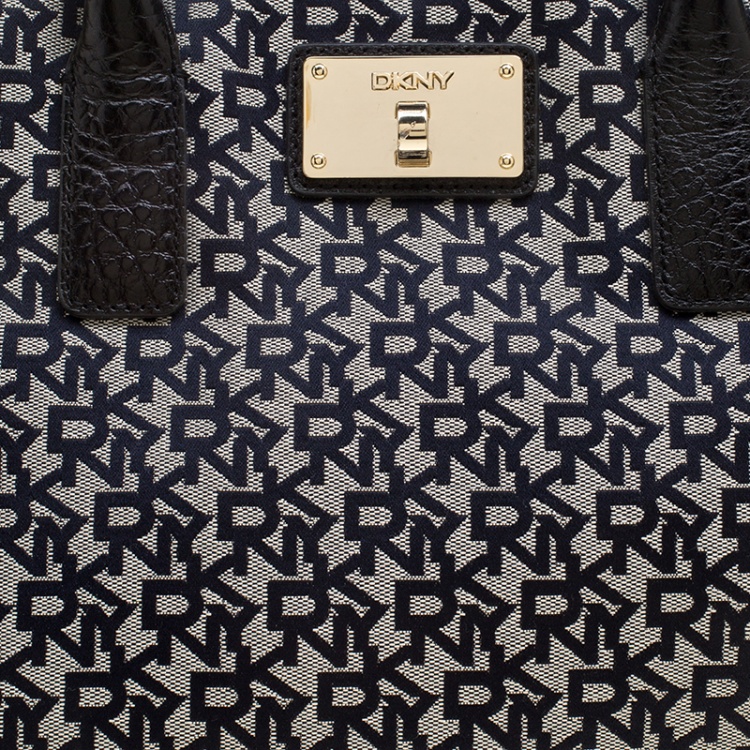 Pre Owned DKNY Grey/Black Signature Canvas and Leather Tote