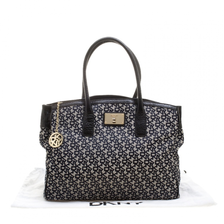 Pre Owned DKNY Grey/Black Signature Canvas and Leather Tote
