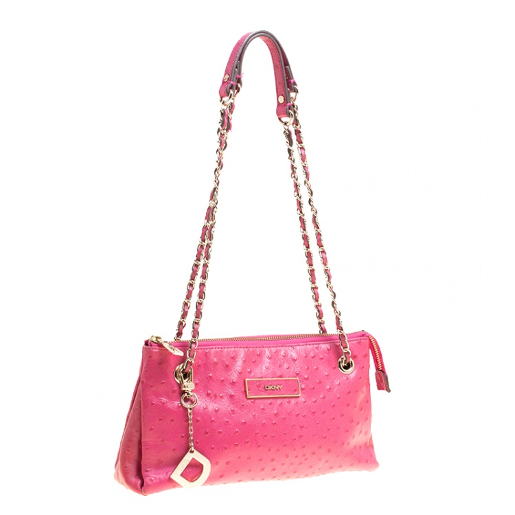 Pre Owned DKNY Hot Pink Ostrich Embossed Shoulder Bag