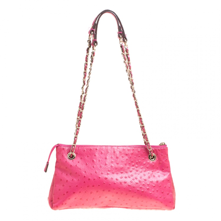 Pre Owned DKNY Hot Pink Ostrich Embossed Shoulder Bag