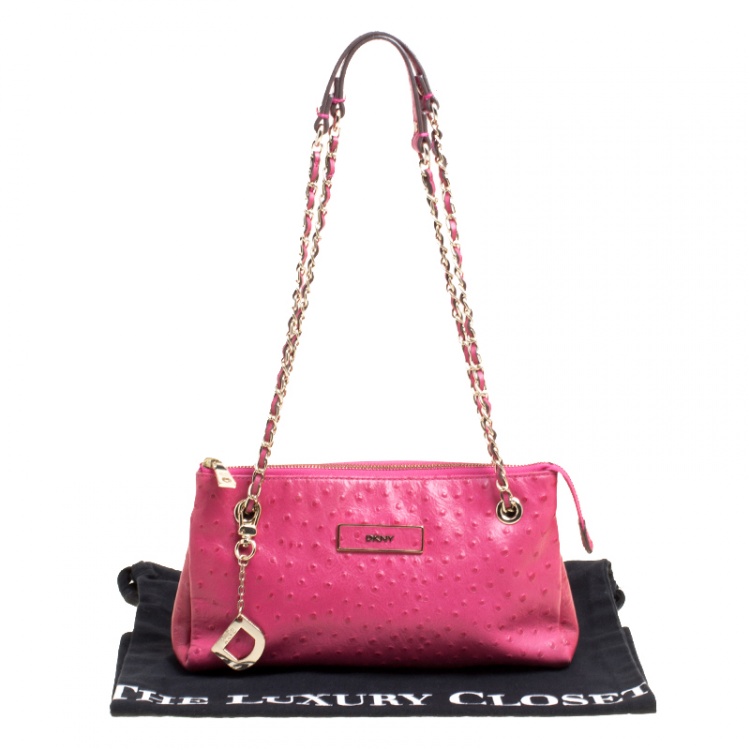 Pre Owned DKNY Hot Pink Ostrich Embossed Shoulder Bag